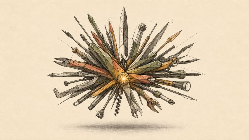 An intricate burst of many overlapping tools arranged around a glowing center